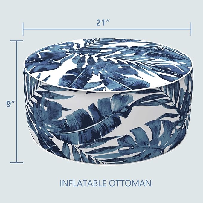 LVTXIII Indoor/Outdoor Inflatable Ottoman, All Weather Round Footrest Stool with Handle, D21”x H9” Portable Fade Resistant Pouf Ottoman for Patio Garden Camping or Home-Palm Blue
