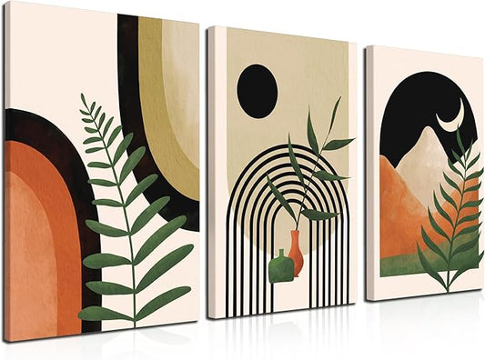Large Framed Boho Wall Art Painting，Boho wall art,Room Decor, Mid Century Modern Wall Art，Neutral Abstract Geometric Prints Black Beige Orange Minimalist Art Framed Canvas Prints for bedroom Bathroom 16" x 24"