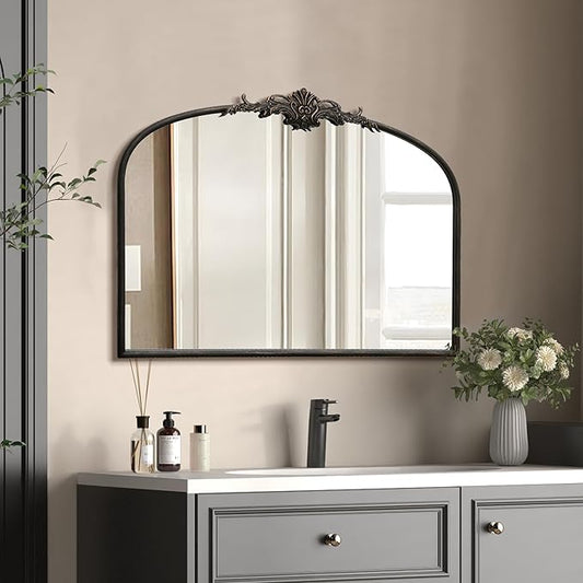 Vintage Baroque Black Mirror: 32"x24" Arched Antique Wall Mounted Mirror - Traditional Ornate Metal Frame - Home Decor for Entryway/Fireplace/Living Room/Hallway/Bathroom