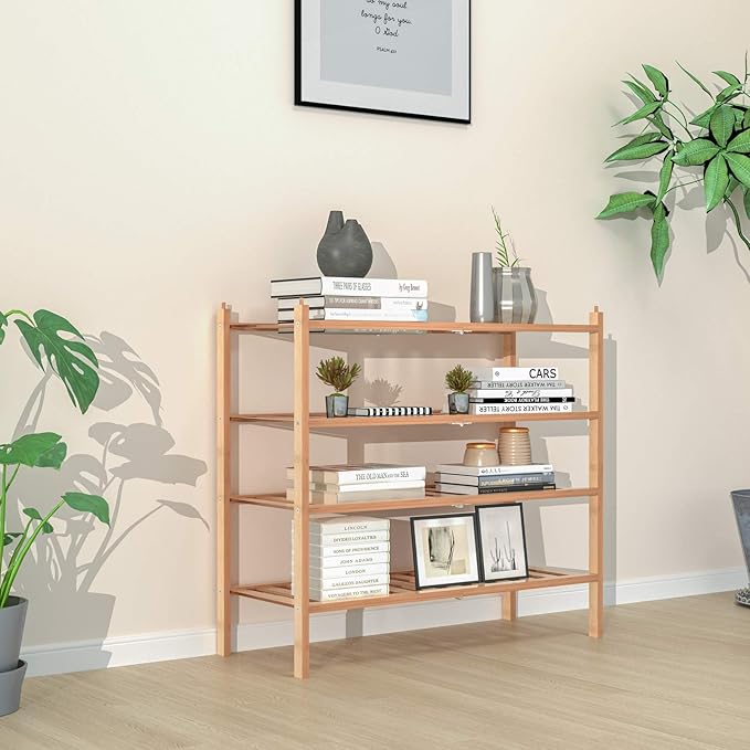Shoe Rack, 2-Tier Bamboo Stackable Shelf Storage Organizer, Stand for Closet, Entryway, Hallway, Bathroom and Living Room（Natural）