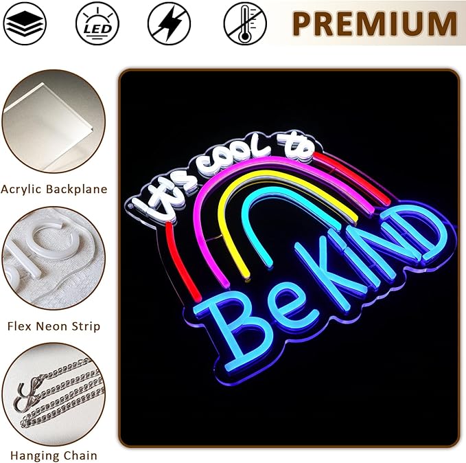 It's Cool To Be Kind Neon Sign for Wall Decor, Rainbow Led Signs for Bedroom, USB Dimmable Colorful Neon Lights for Classroom Home Club Motivational Birthday Party Office Decoration Wall Art