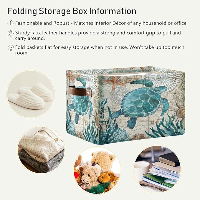 Sea Turtle Storage Basket Fabric Storage Bin Nautical theme Baskets Coastal Starfish Foldable Storage Boxes Organizer Bag for Baby Cloth Dog Toy Book Storage Cubes Shelf Closet Basket 16×12×8 Inches