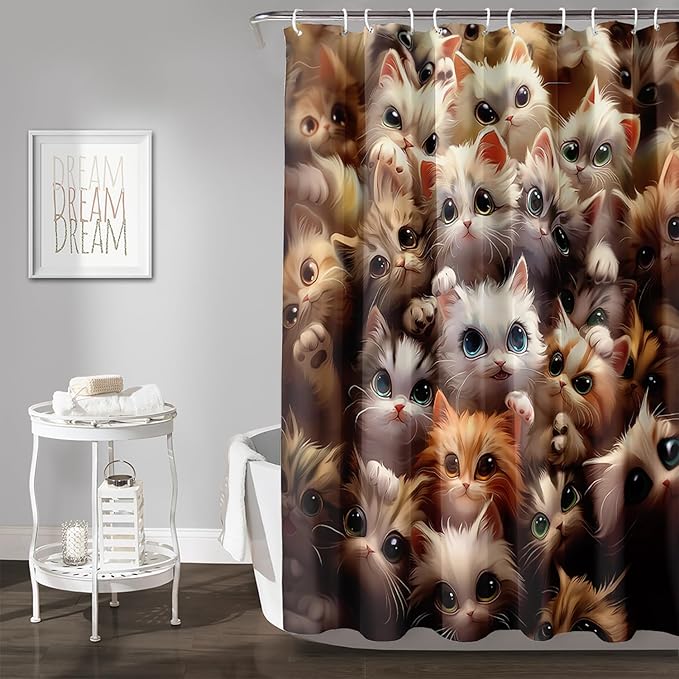 AILONEN Kawaii Cat Shower Curtain for Kids Boys,Lovely Hairy Cat Fabric Shower Curtains for Bathroom,Cute Animal Kittens Polyester Cloth Bath Curtain Set, 72" W*84" H