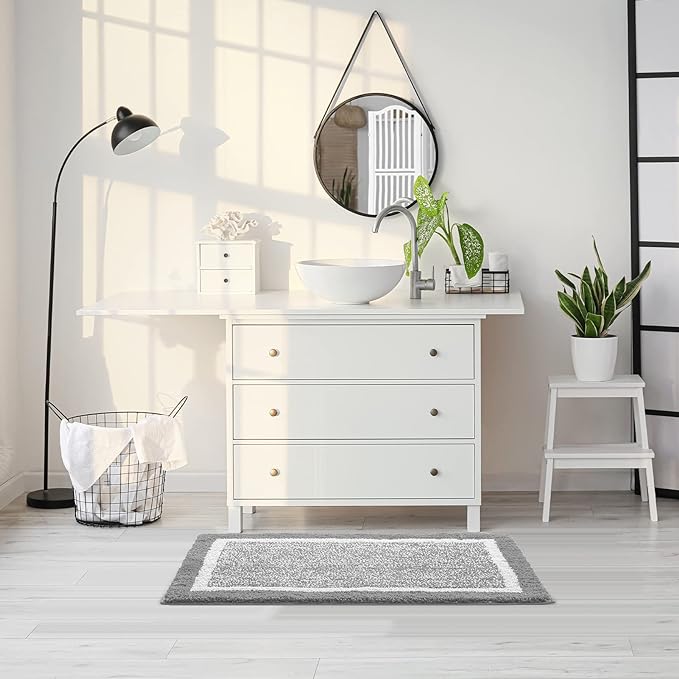 CozeCube Bath mats for Bathroom Non Slip, Fluffy Shaggy Bath Rugs for Bathroom Washable, Extra Soft and Absorbent Microfiber Bath Rugs for Shower Sink, Kitchen Sink, Light Grey, 16" x 24"