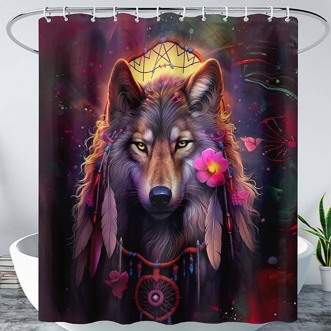 AILONEN 3D Wolf Dream Catcher Shower Curtain for Bathroom,Safari Wolf Printed Bath Curtain for Boys Men,Wildlife Decoration Shower Curtain Waterproof 72" W*72" H