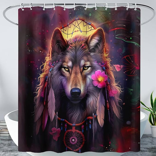 AILONEN 3D Wolf Dream Catcher Shower Curtain for Bathroom,Safari Wolf Printed Bath Curtain for Boys Men,Wildlife Decoration Shower Curtain Waterproof 72" W*84" H