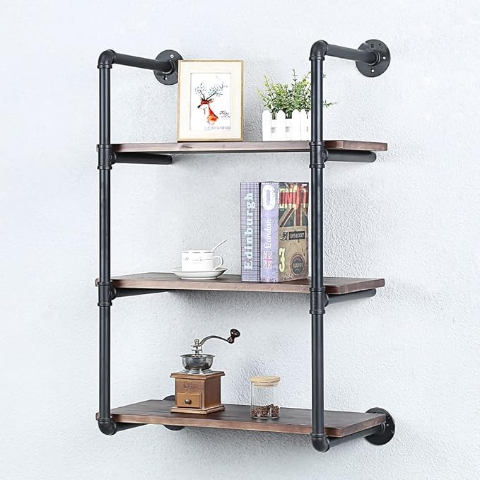 Industrial Pipe Shelving Wall Mounted,24in Rustic Metal Floating Shelves,Steampunk Real Wood Book Shelves,Wall Shelf Unit Bookshelf Hanging Wall Shelves,Farmhouse Kitchen Bar Shelving(3 Tier)