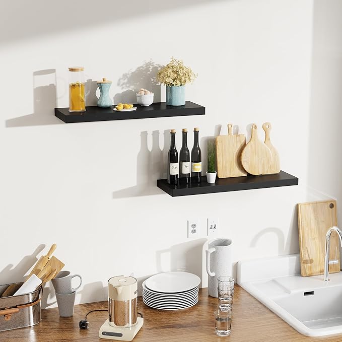 Bellsal Floating Shelves for Wall, Black Engineered Wood Wall Shelf Set of 2, 24" Wall Mounted Floating Shelf for Kitchen, Living Room, Bedroom, Bathroom Storage, Book Shelf for Home Decor