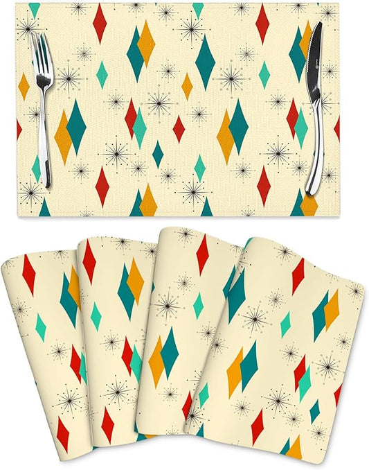 Mid Century Modern Placemats Set of 4 Retro Decor Table Mats for Kitchen Dining Table Holiday Party Heat Resistant Washable Farmhouse Yellow Place Mats, Linen 12x18 Inch