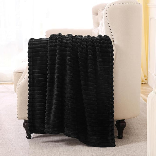 Black Fleece Throw Blanket 50”×60” for Couch Sofa Bed,Super Soft Cozy Plush Microfiber Flannel Blanket with Stripes Design Lightweight for Adults,Woman,Girls