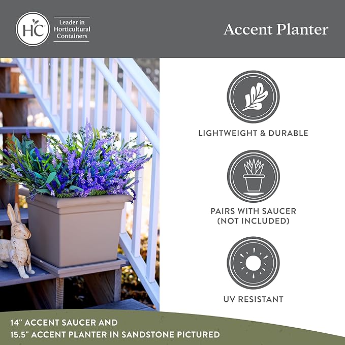 Accent Square Planter - The HC Companies 15.5-Inch Large Square Flower Box Planter for Indoor & Outdoor Flowers/Plants, Pairs w/ 15.5" Clay Accent Saucer SRO15500E35 Clay (ROS15500E35)