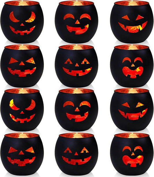 SHMILMH Halloween Table Centerpiece Candle Holders Set of 12, Black and Gold Glass Votive Holder with 6 Grimace, Tealight Holders Bulk for Halloween Party D閏or
