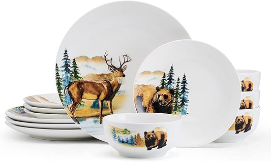 Studio Nova Woodland Animals Lodge 12 Piece Dinnerware Set, Service for 4, White
