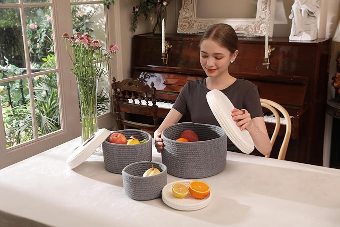 Cottonphant Set of 3 Stylish Round Woven Baskets with Lids - Elegant Storage Solution for Home Decor and Organization - Compact Shelf Baskets (Grey/White Lid, 10"x6"-8"x5"-6"x4")