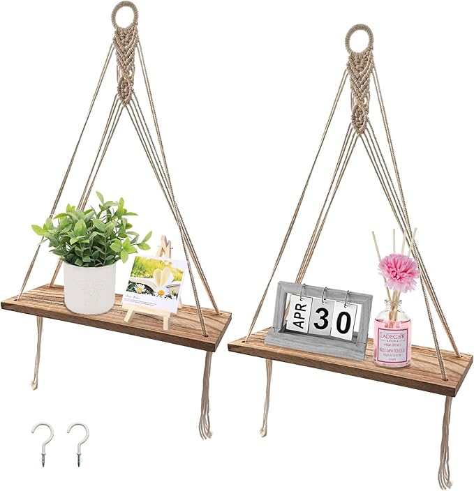 2 Pack Boho Shelf Wood Hanging Shelves Floating Wall Swing Storage Shelves Boho Wall Decor