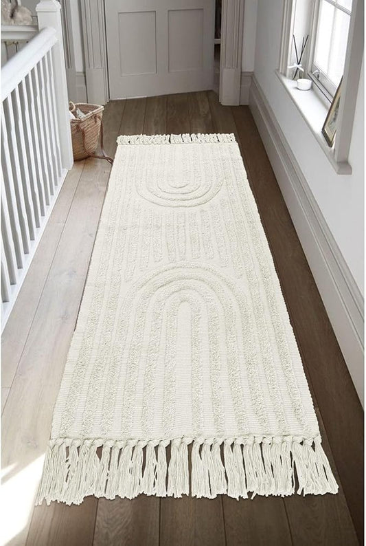 LEEVAN Runner Rug - 2.6x10Ft Hand Woven Living Room & Kitchen Runner Boho Dining Room Mat Rainbow Bedside Mat Cotton Tassel Area Rug - Machine Washable - Perfect for Playroom, Entryway, Hallway