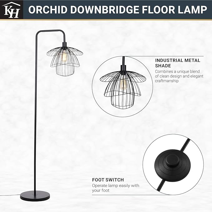 Kenroy Home Orchid Downbridge Black Floor Lamp with Curved Shade and Energy-Efficient Lighting for Living Rooms, Bedrooms, and Home Offices