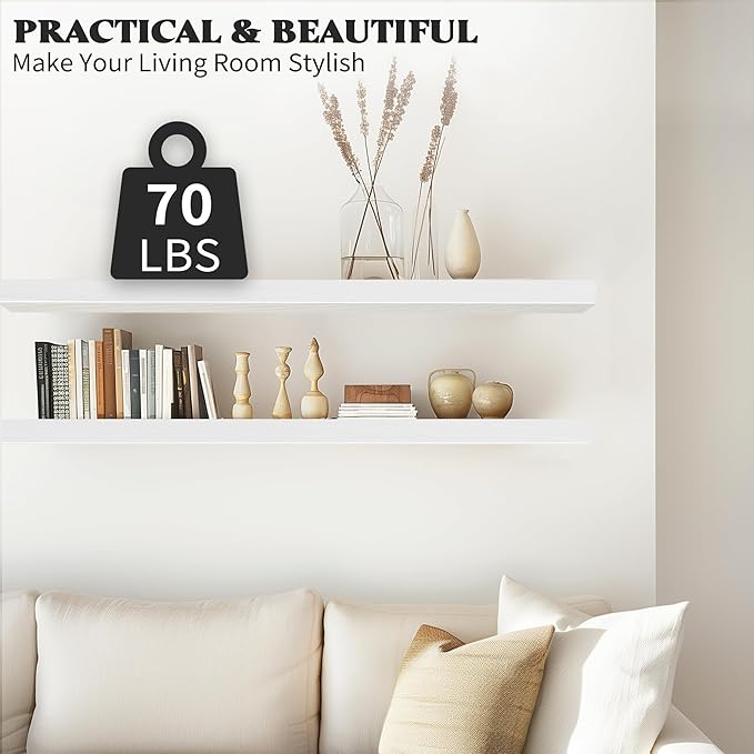 Floating Shelves for Wall, Wood Shelves with Invisible Brackets for Bathroom, Living Room, Bedroom and Kitchen, Long Wall Shelf for Books/Storage/Room Decor, 36 Inch, Set of 2, White