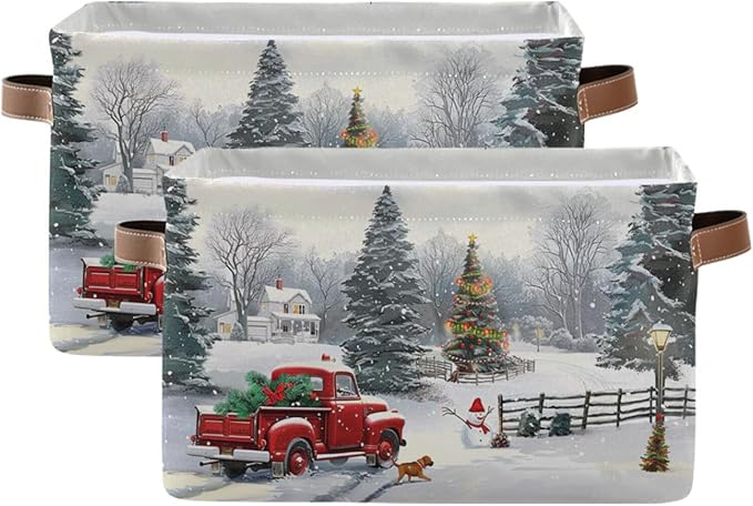 Christmas Tree Red Truck Storage Basket Fabric Laundry Baskets Winter Snowman Snowflake Golden Retriever Dog Storage Boxes Organizer Bag for Cloth Toy Book Storage Cubes Shelf Closet Bins 16×12×8