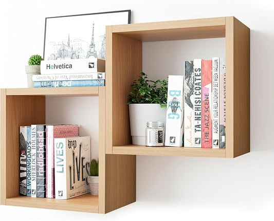 Kaboon Cube Floating Shelves Set2, Display Shelves Wall Mount 7.75" D x 12.5" W x 12.5" H, (Light Walnut, Square 2 Cubes)
