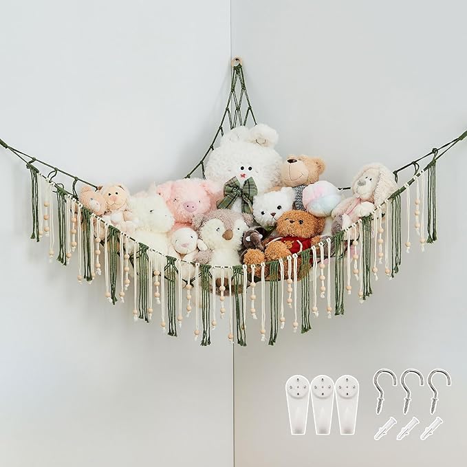 Pretty Jolly Stuffed Animal Storage Hammock with Wooden Beads Corner Hanging Net Boho Tassel for Toy Plush Holder for Kid Room Nursery Decor Wall Display Organizer for Girls Boy Gift(Avocado Green)
