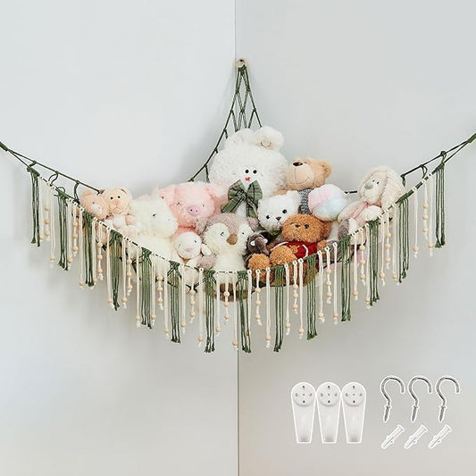 Pretty Jolly Stuffed Animal Storage Hammock with Wooden Beads Corner Hanging Net Boho Tassel for Toy Plush Holder for Kid Room Nursery Decor Wall Display Organizer for Girls Boy Gift(Avocado Green)