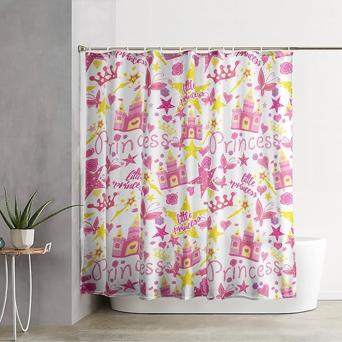 AILONEN Princess Castle Shower Curtain,Cartoon Butterfly and Rose Bathroom Shower Curtain for Girls Boys Kids Teens, 72" W*72" H Pink Glitter Star Theme Bathroom Decor