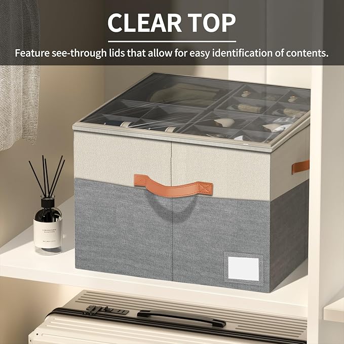 Aokeyee Shoe Organizer for Closet,2 Pack Foldable Shoe Storage Organizer Box Bin with Adjustable Dividers and Clear Cover, Fits up to 16-32 Pairs (Beige and Grey)