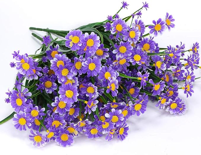 8 Bundles Artificial Daisies Flowers Outdoor UV Resistant Fake Foliage Greenery Faux Plants Shrubs Plastic Bushes for Window Box Hanging Planter Farmhouse Indoor Outside Decor(Purple)