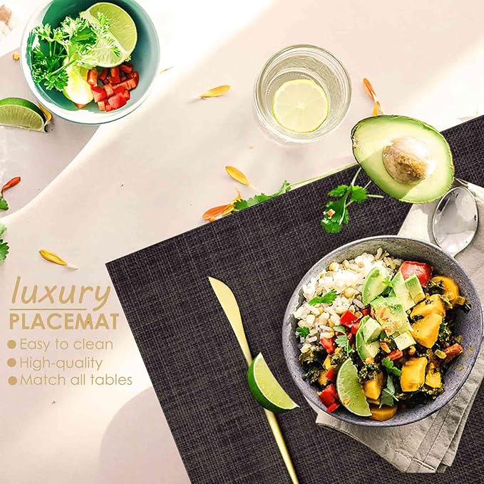 GIVERARE Placemats Set of 4, Heat-Resistant Woven Vinyl Placemat 12x18in, Non-Slip Washable PVC Table Mat, Easy to Clean Premium Plastic Mats for Dining, Kitchen Table (Black/Gray)