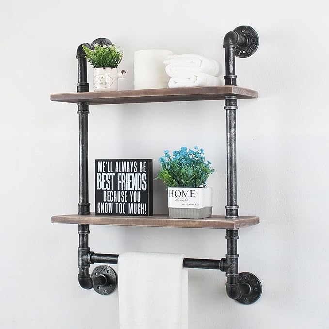 Industrial Pipe Shelving,Iron Pipe Shelves Bathroom Shelves with Towel bar,24in Rustic Metal Pipe Floating Pipe Wall Shelf,2 Tier Industrial Wall Mounted,Retro Brown