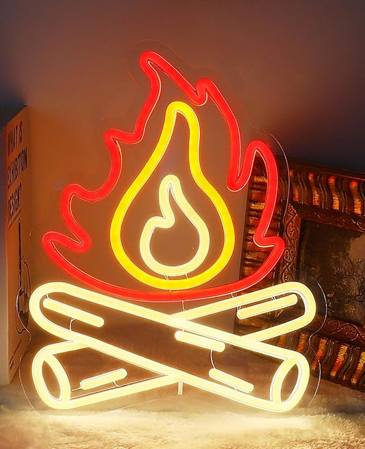Happy Camper Campfire Neon Signs for Wall Decor - Camper Decor with 9-Level Brightness Adjustment, USB Powered Flame Neon Lights for Camping, RV, Trailer and Indoor Fire Decoration