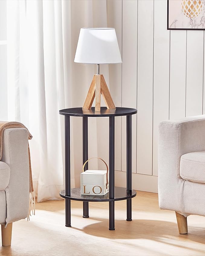 Round Side Table, 2-Tier End Table, Small Round Nightstand with Sturdy Metal Tube, Industrial Coffee Table Round, for Living Room, Bedroom, Black TBZ01BB