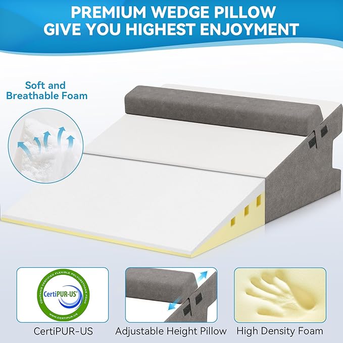 CloudBliss 12 inches Bed Wedge Pillow with Memory Foam for Sleeping After Gerd Acid Reflux, Surgery, Relief Back Pain, Adjustable and Breathable Pillow with Washable Cover for Surgery Recovery, Gray