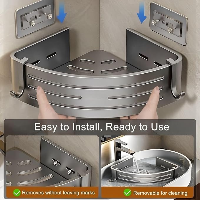Corner Triangle Shower Shelves with Connecting Rods and 6 Hooks, Drilled or Non-Drilled Rust Resistant Storage Shelf for Bathroom, Kitchen, Wall Mounted Storage Shelf (1 Pack, Gray)