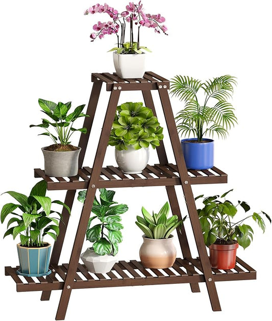 BMOSU Plant Stand Bamboo for Indoor Outdoor Tiered Plant Shelf 8 Potted Flower Holder Ladder Rack Garden Balcony Living Room Patio(3 Tier Brown)