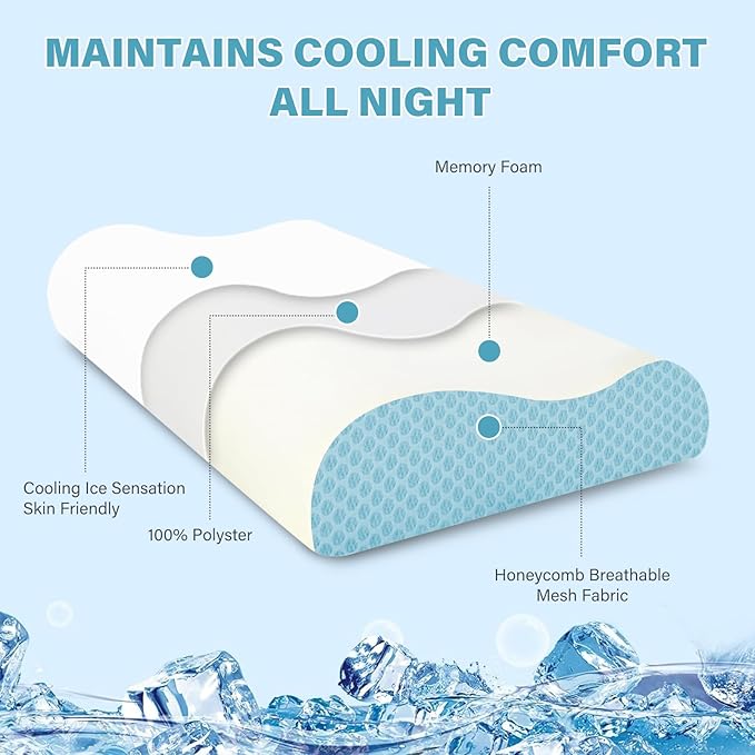 Memory Foam Cooling Bed Pillows for Sleeping, Ergonomic Cervical Pillow for Neck and Shoulder Pain Relief, Adjustable Cold Pillow with Pillowcase