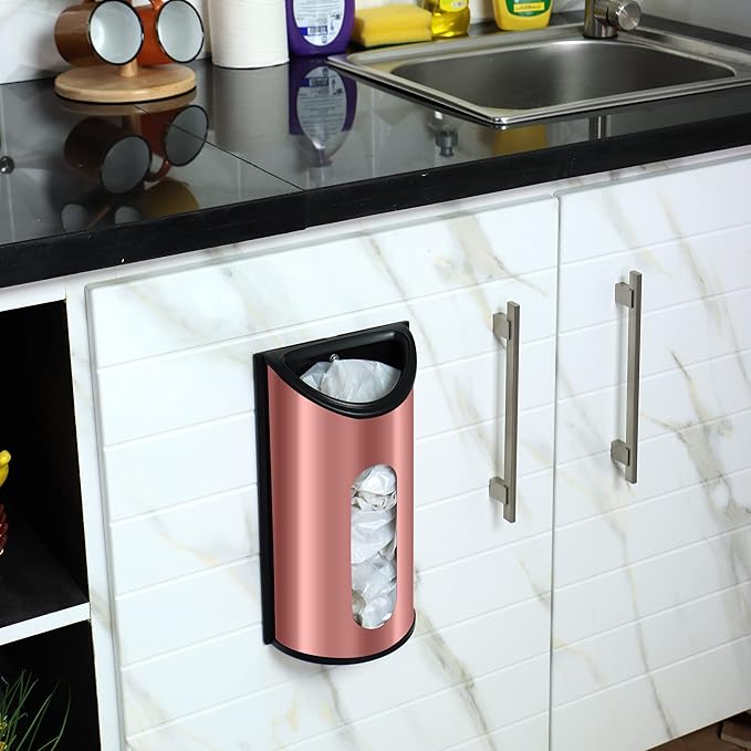 Utopia Kitchen Grocery Plastic Bag Holder and Dispenser, Easy Wall Mount Bag Saver, Stainless Steel, Rosegold
