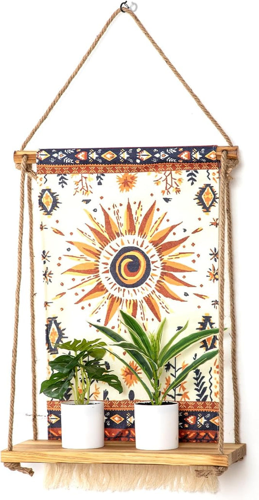 Wall Mounted Hanging Shelf with Bohemian Style Decorative Cloth, Handmade Natural Material, 24 x 12 inches, for Living Room Bedroom Home Storage and Indoor Plants