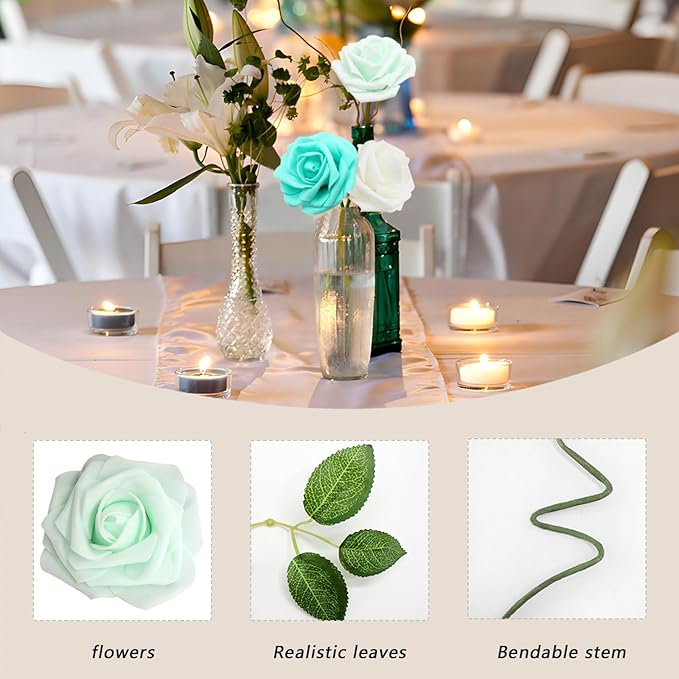 50PCS Artificial Flowers Green Series Roses Real Looking Foam Fake Roses with Leaves and for DIY Wedding Bouquets Bridal Shower Centerpieces Party Decorations (Green Series, 50)