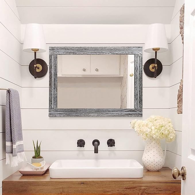 AAZZKANG Rustic Mirror Large Wood Framed Wall Mirrors 28"x20" Rectangle for Bedroom Bathroom Farmhouse Living Room Home Entryway Hanging