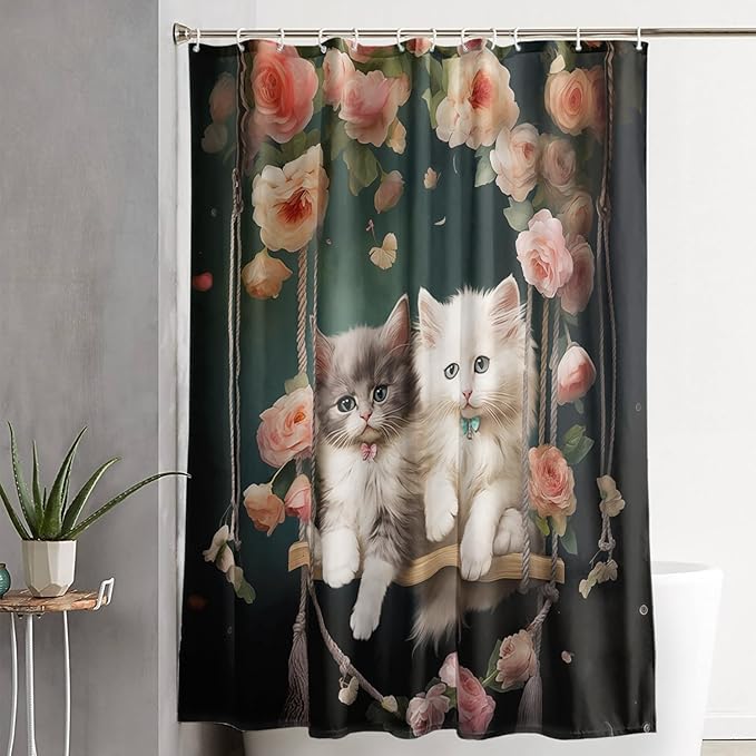 AILONEN Cartoon Beautiful Cat Shower Curtain, Kawaii Kittens with Flower Shower Curtain for Bathroom Decor,Cat Lovers Animal Waterproof Shower Curtains Sets with Hooks,48" W*72" H