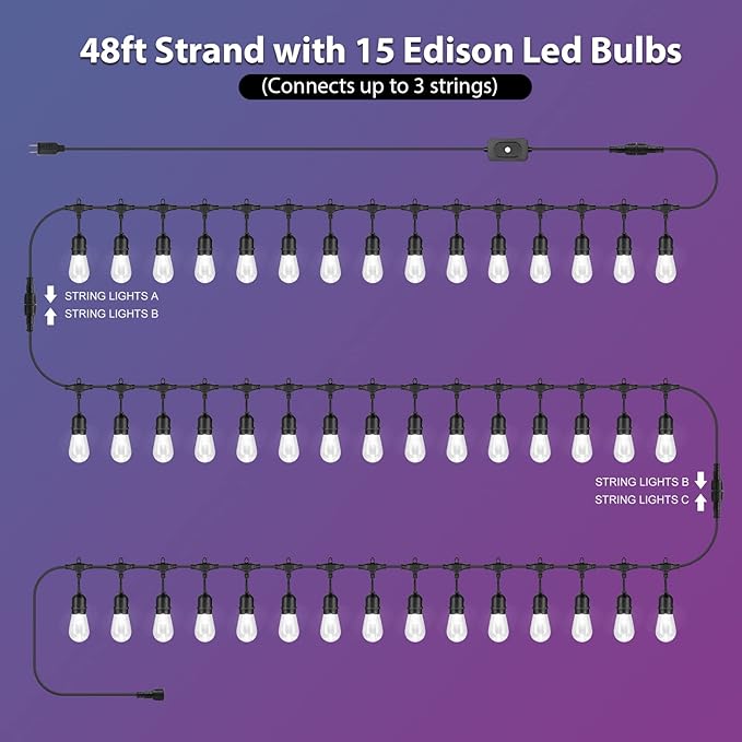 Mlambert 144Ft(3x48ft) Multicolor Outdoor Patio Lights, Dimmable RGB Cafe String Lights with 45+6 Waterproof LED Bulbs for Garden Bistro-Black 3 Pack
