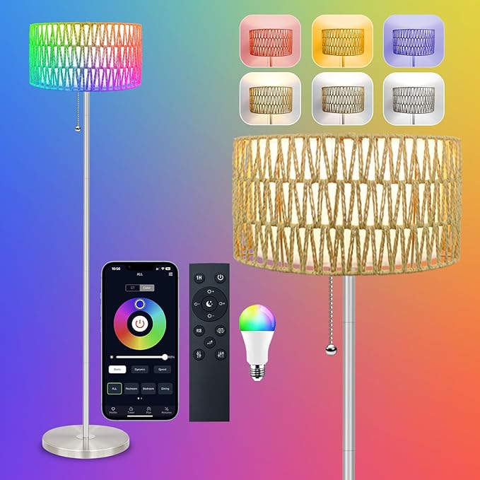 Floor Lamp for Living Room with App Remote Control and Dimmable Bulb(16 Million Colors Temperatures),Rattan & Fabric Double Shades Farmhouse Lamps,Boho Standing Tall Bedroom,Office