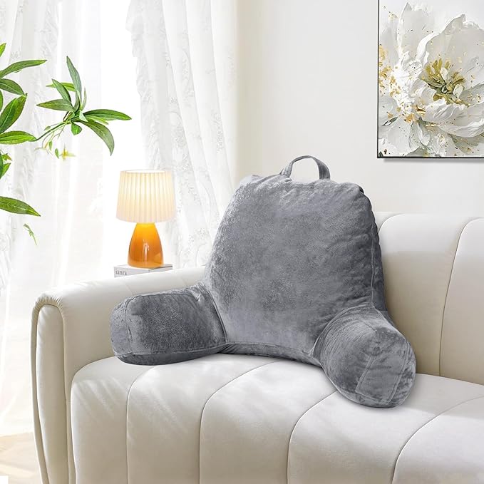 Sasttie Reading Pillow for Sitting in Bed Adult, Velvet Back Pillow for Bed Sitting Up, Backrest Back Support Chair Pillow, College Dorm Essentials for Girls and Boys, Dark Grey