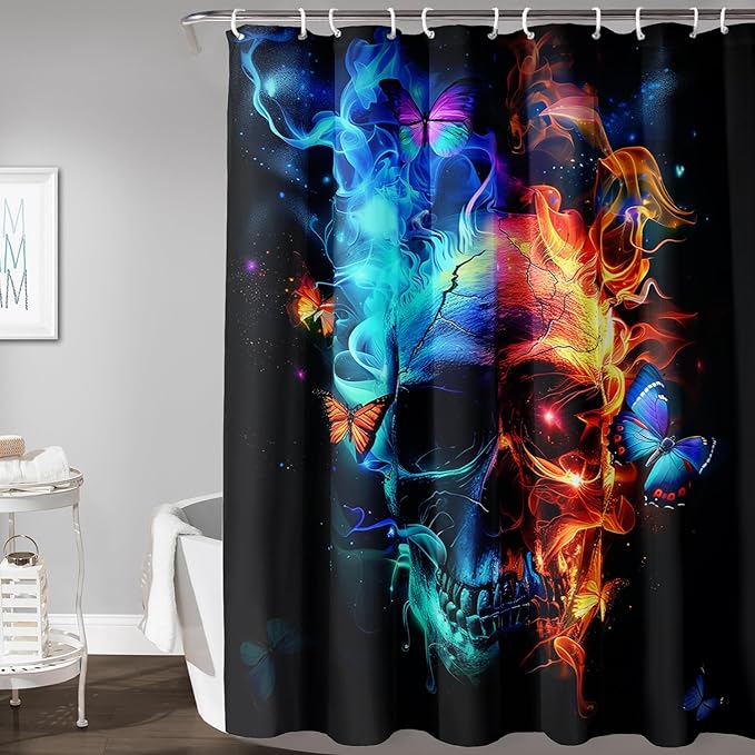 AILONEN Sugar Skull Shower Curtain for Bathroom,Blue and Red Smoky Skull Bath Curtain Decoration,Starry Butterfly Skull Skeleton Print Waterproof Shower Curtain with 12 Plastic Hooks, 60" W*72" H