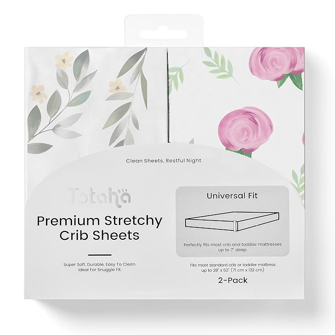 TotAha Premium Stretchy Crib Sheets (2-Pack)-Hypoallergenic, Silky Comfort, Buttery Soft, Calming Effect, All-Season Jersey-Knit Sheets, 9'' Extra Deep Pocket (Pink Buds & Green Leaves)