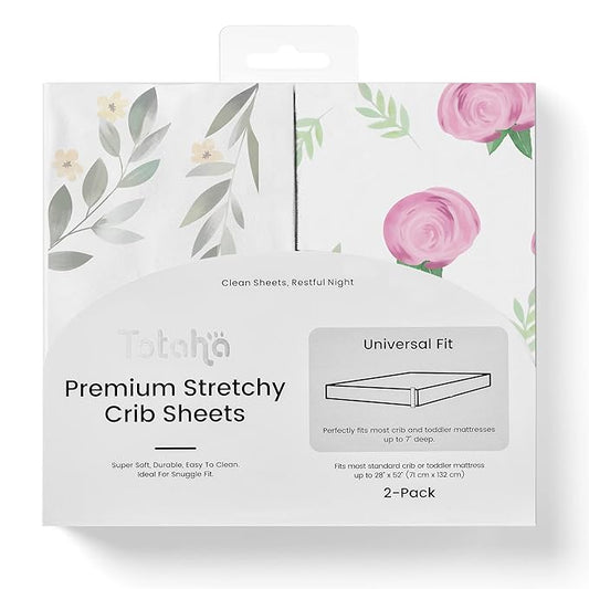 TotAha Premium Stretchy Crib Sheets (2-Pack)-Hypoallergenic, Silky Comfort, Buttery Soft, Calming Effect, All-Season Jersey-Knit Sheets, 9'' Extra Deep Pocket (Pink Buds & Green Leaves)