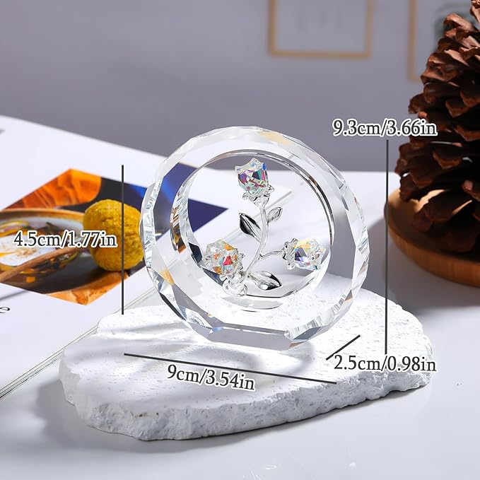 Crystal Clear Rose Bouquet Figurines Glass Flowers with Stems Valentines Anniversary Rose Gifts for Girlfriend Wife, Clear Crystal Rose in Glass Ring Collectible Figurines Forever Roses Decor