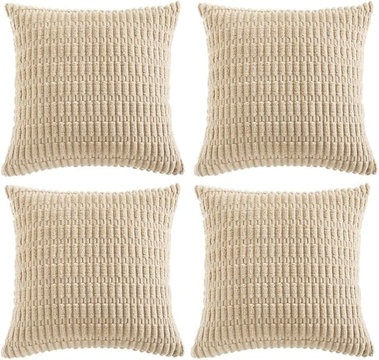 Fancy Homi 4 Packs Tan Decorative Throw Pillow Covers 16x16 Inch for Living Room Couch Bed Sofa, Beige Rustic Farmhouse Boho Home Decor, Soft Plush Striped Corduroy Square Cushion Case 40x40 cm